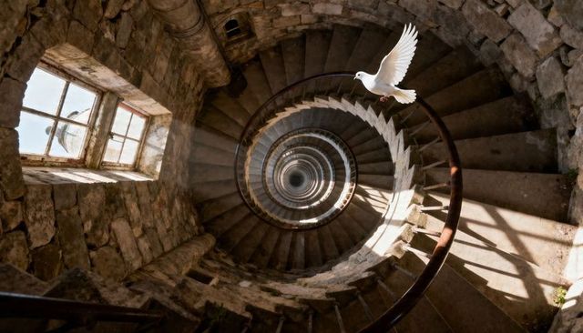 Dove flying over spiraling stone tower staircase drawing eye into dark circular shaft