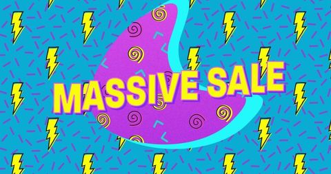 Neon massive sale retro 80s pop art banner with lightning bolts and geometric pattern