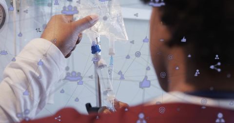 Medical Professional Preparing IV Drip with Digital Network Overlay