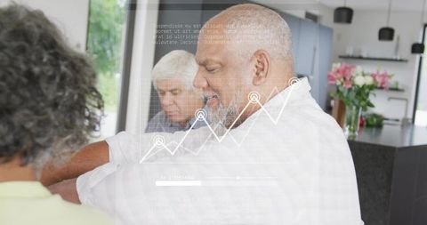 Family reviewing financial growth chart with line graph overlay in modern kitchen
