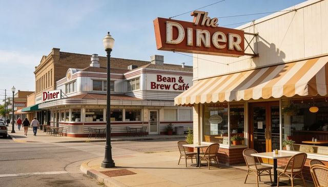 Retro main street diner with striped awning and outdoor cafe seating on small town corner