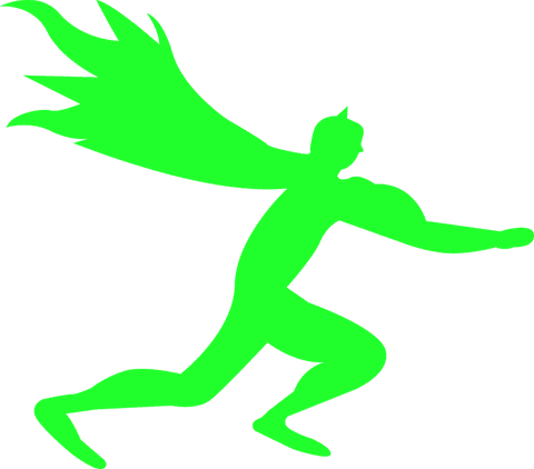 Dynamic green superhero with flowing cape on transparent background