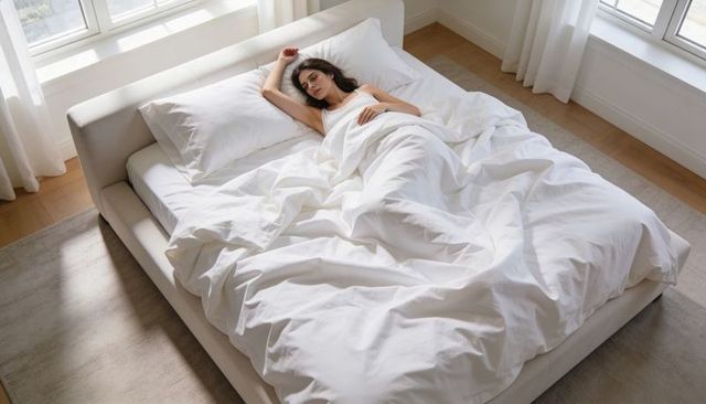 Sunlit minimalist bedroom woman resting on white linen low platform bed for relaxation