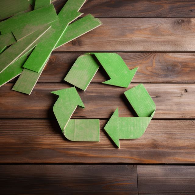 Green arrows recycling sign on wooden background, created using generative ai technology. Recycling, environment and climate change awareness concept digitally generated image.