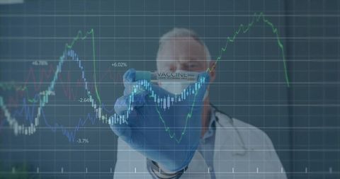Senior physician holding covid-19 vaccine vial with medical charts and analytics overlay