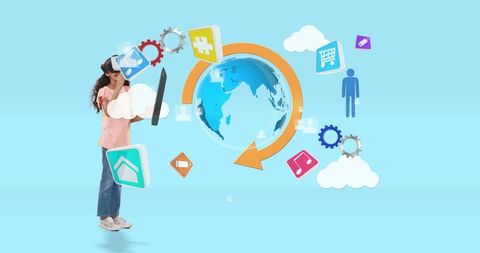 Woman Engaging with Virtual Reality World and Digital Icons