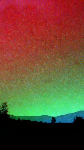 Vertical aurora borealis swirling over silhouetted forest ridge in vibrant color shift