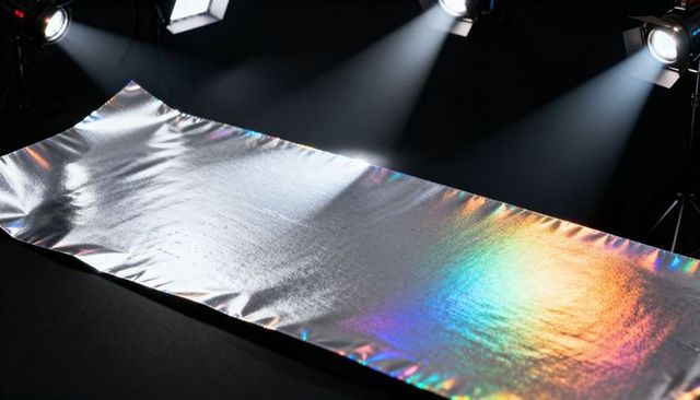 Holographic foil reflecting studio lights with rainbow creases on matte black surface