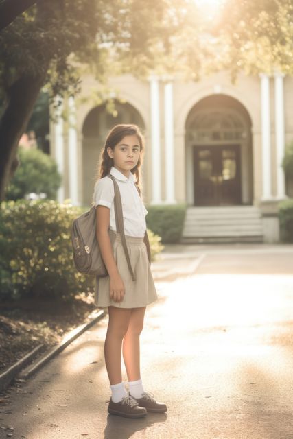 Young schoolgirl wearing uniform and backpack stands outside a historic building in the morning sunlight. This image could be used to depict themes of education, nostalgia, back-to-school promotions, childhood innocence, or architectural beauty.