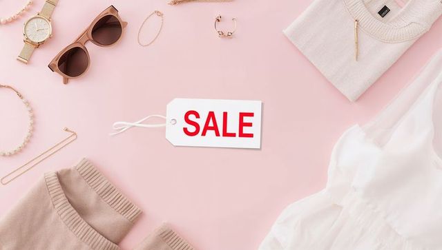 Pastel fashion flatlay sale tag with sweaters sunglasses jewelry for spring promotion