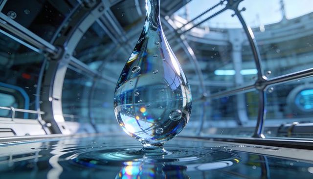 Hovering water droplet refracting blue light inside futuristic laboratory dome for tech visuals