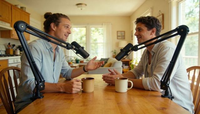 Two hosts recording podcast at home kitchen table, chatting with microphones and coffee