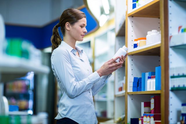 Pharmacist is examining a bottle of medicine while standing in a pharmacy. Shelves in the background are stocked with various medications and products. Suitable for topics related to healthcare, pharmaceutical industry, medication management, and professional health services.