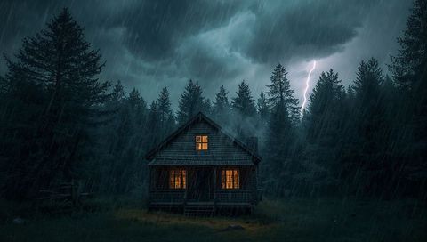 Glowing wooden cabin standing in secluded forest clearing stormy night with lightning