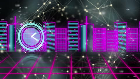 Futuristic Digital Clock Interface Overlaying Glowing Skyline