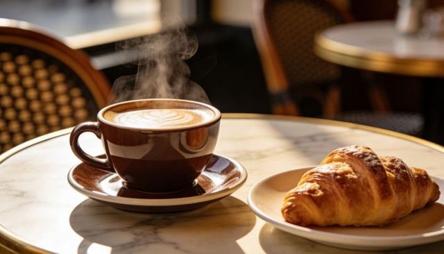 Steaming cappuccino and golden croissant basking in morning sun on marble cafe table
