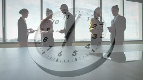 Team Collaborating in Office with Time Overlay Concept