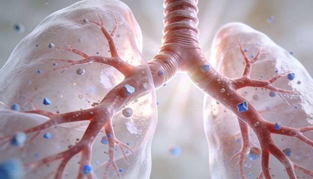 Translucent lungs revealing bronchi and airborne particles, 3D medical illustration