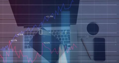 Financial Data Analytics Display on Laptop with Graph Increments
