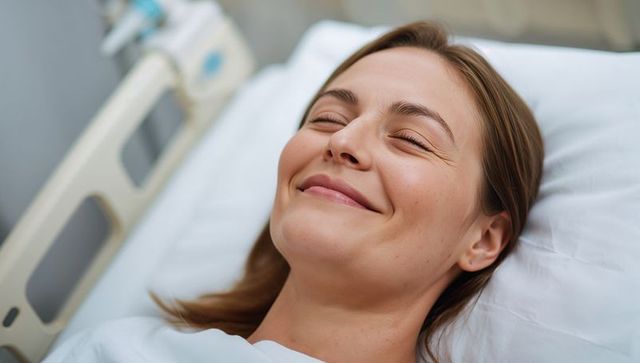 Smiling woman resting on hospital bed wearing gown, serene recovery and clinical care