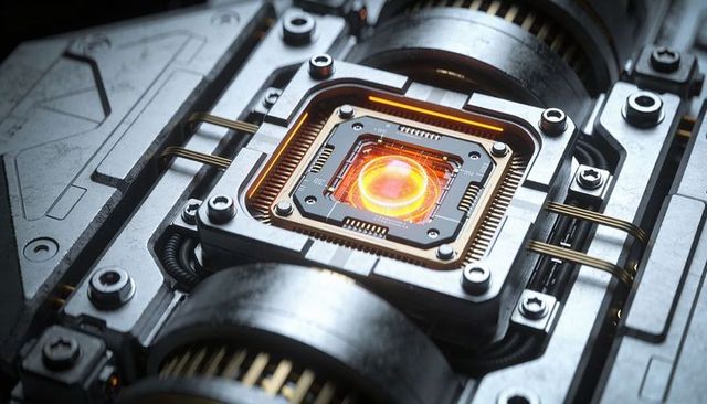 Futuristic reactor core module glowing inside industrial metal housing with circuit traces