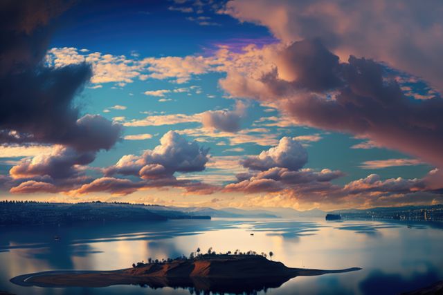 Landscape of blue sky and clouds over coast and sea, using generative ai technology. Landscape, sky and view concept digitally generated image.