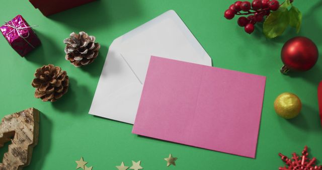 Christmas card and white envelope on green background surrounded by festive decorations including red berries, pine cones, golden stars, and ornaments. Can be used for holiday greeting card designs, festive advertisement layouts, or seasonal decoration ideas.
