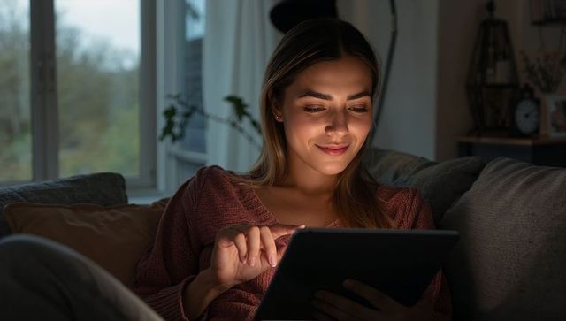 Young woman relaxing on sofa using tablet at night with warm glow in cozy living room