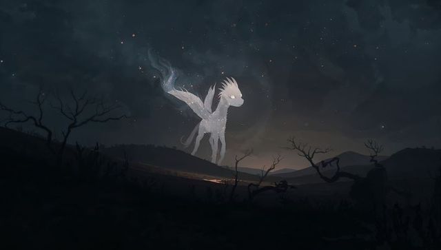 Hovering luminous starry creature over night valley, glowing ethereal winged spirit