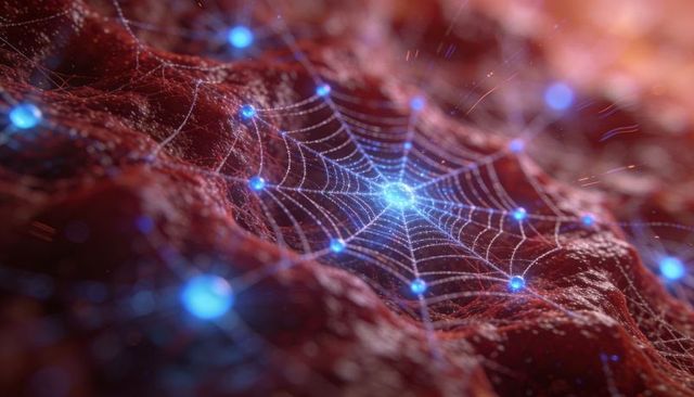 Bioluminescent neural web pulsing over red textured substrate macro close-up