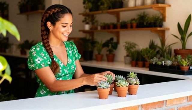 Smiling woman arranging succulents in terracotta pots at plant shop counter, green dress