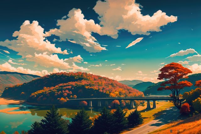 Landscape, clouds over hills and bridge, created using ai technology. nature, digitally generated image.