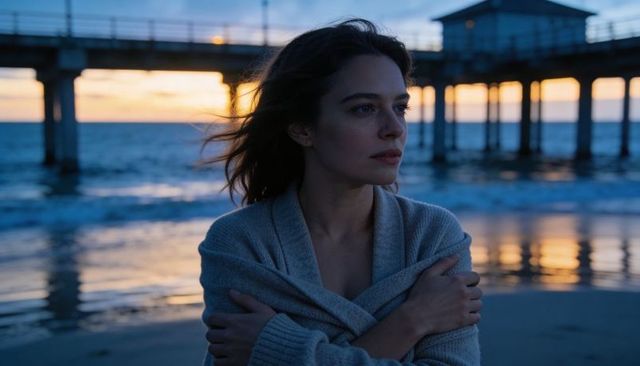 Woman embracing herself on dusk beach near pier, contemplative sunset coastal portrait