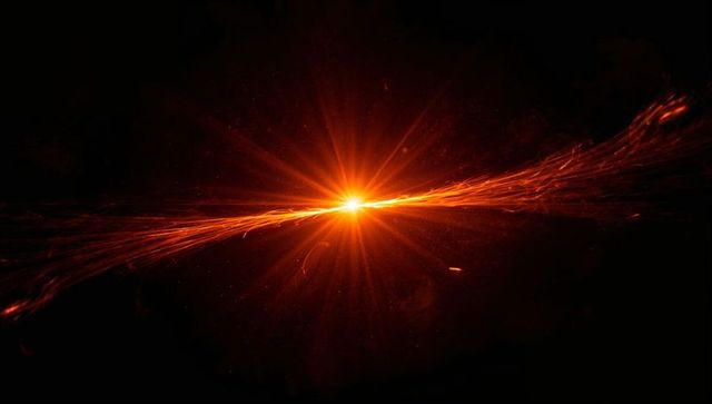 Radiant orange core emitting radial flares and horizontal plasma filaments in dark void