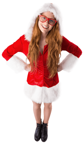 Happy redhead woman wearing santa outfit transparent background