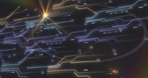 Pulsing Neon Circuit Network Showing Data Flow, Glowing Nodes, Lens Flare, Holographic Grid