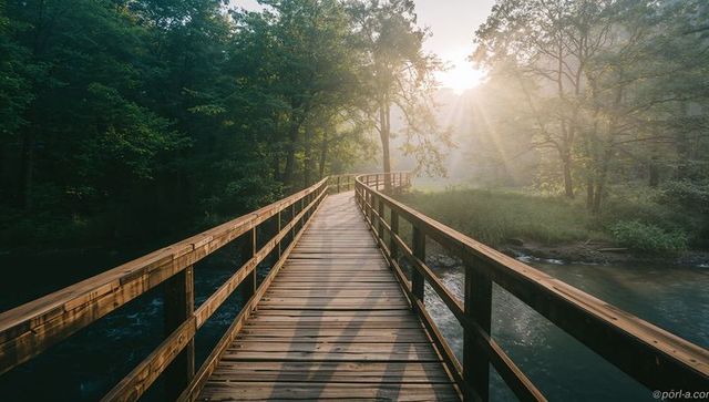 Sunlit wooden footbridge in misty forest morning