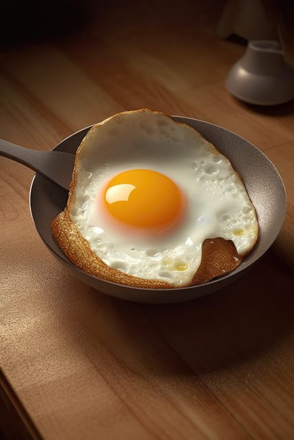 A freshly cooked egg sits in a pan on a wooden table. Capturing a moment of everyday home cooking, the image showcases a simple yet popular breakfast choice.