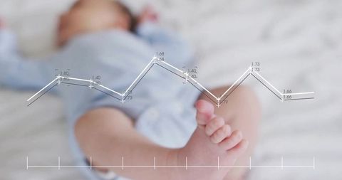 Newborn baby lying on soft bed with white line-chart overlay, pastel nursery wellness