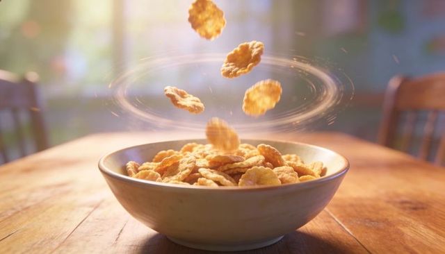 Golden cereal flakes falling and swirling above bowl on wooden table in warm backlit glow