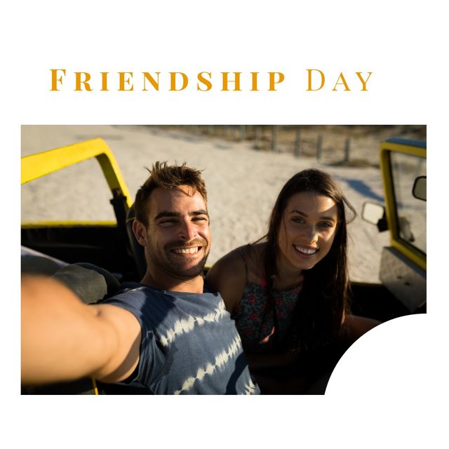 Friendship day text with happy young caucasian friends taking selfie in off-road car. digital composite, lifestyle, leisure, togetherness, travel, bonding.