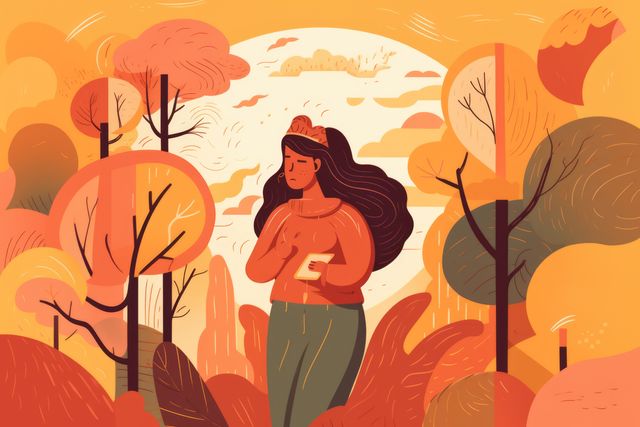Abstract illustration depicts a young woman reading a book while walking through a fall forest. Warm colors and whimsical patterns dominate the scene, creating a peaceful and serene atmosphere. Useful for autumn-themed designs, book covers, lifestyle blogs, and seasonal promotions.