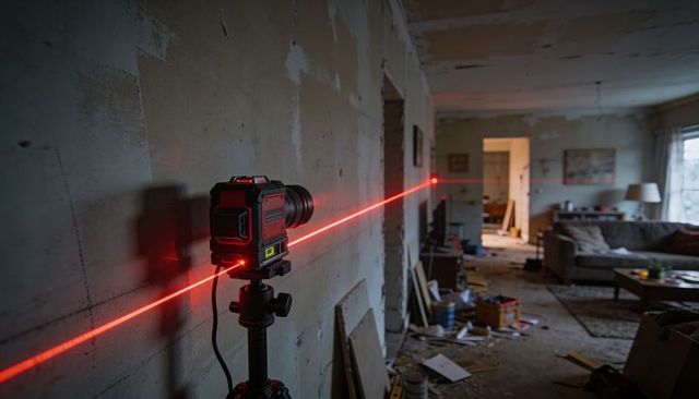 Red laser level projecting across living room during renovation with drywall debris