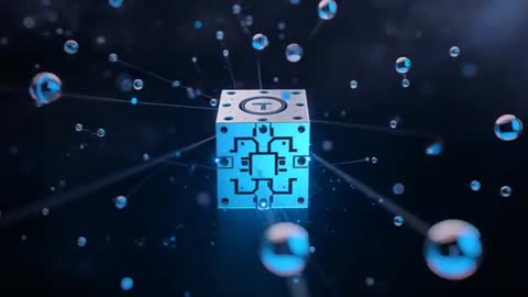 Metallic Cube Links Orbs in Futuristic Digital Network