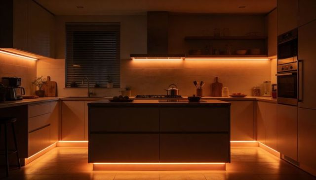 Warm led-lit minimalist kitchen island with cooktop and under-cabinet ambient lighting