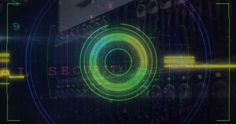 Digital interface with futuristic security overlay on server room