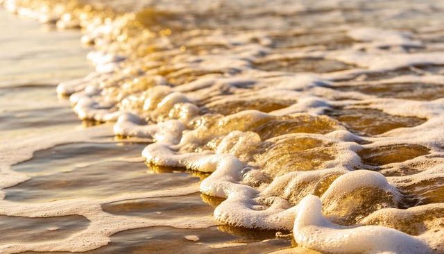 Golden foamy surf rolling over sandy shoreline at sunset close-up with bubble texture