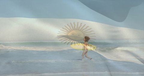 Surfer running into surf carrying yellow board with argentine sun emblem double exposure