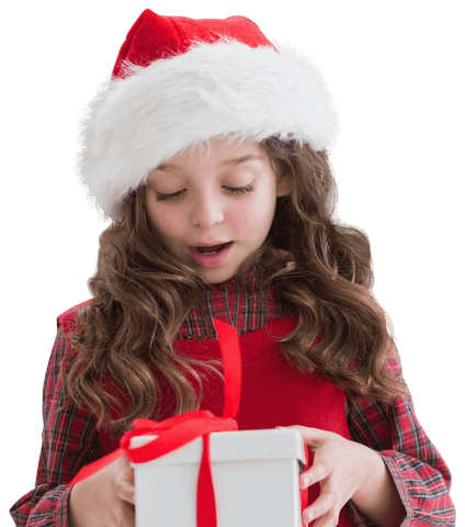 Shocked Girl Holding Christmas Gift on Transparent Background