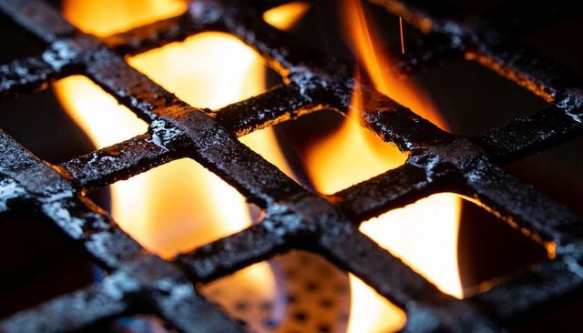Glowing cast-iron grill grate hovering above gas burner with flames and charred grease